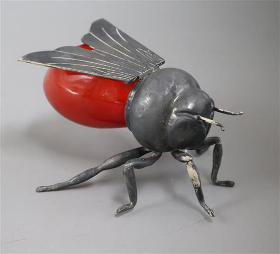 A Mappin and Webb plated mounted preserve pot, in the form of a bee, with amber glass body height 9cm